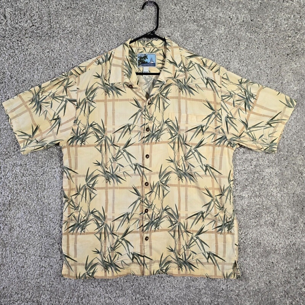 AFTCO‎ Bluewater Mens Hawaiian Button Up Shirt Size L Tan Bamboo Print Fishing
